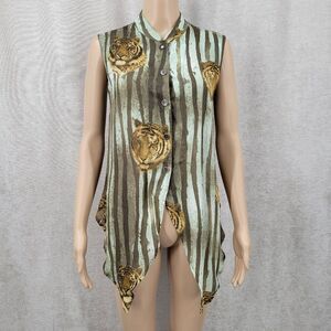 Vintage Tiger Face Abstract Zebra Stripes Print Sleeveless Button Up Blouse Top